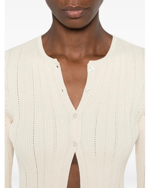 Twinset Natural Ruffled-Detail Ribbed-Knit Cardigan