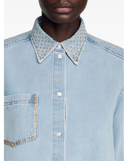 Sandro Blue Rhinestone-Embellished Cropped Shirt