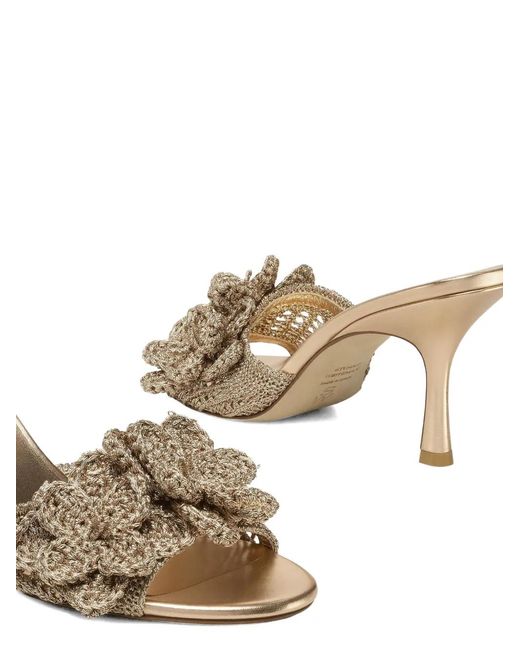 Stuart Weitzman Metallic Lotus Floral-Appliqué Crochet-Knit Sandals