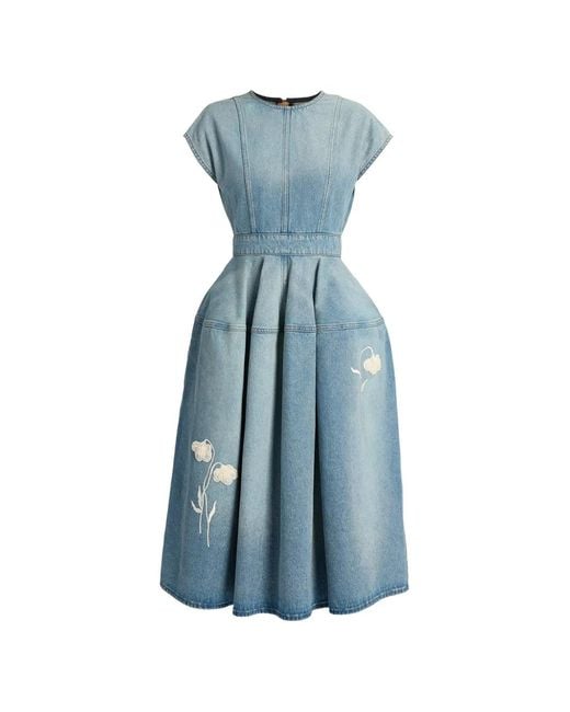 Erdem Blue Embroidered Denim Short Sleeve Midi Dress
