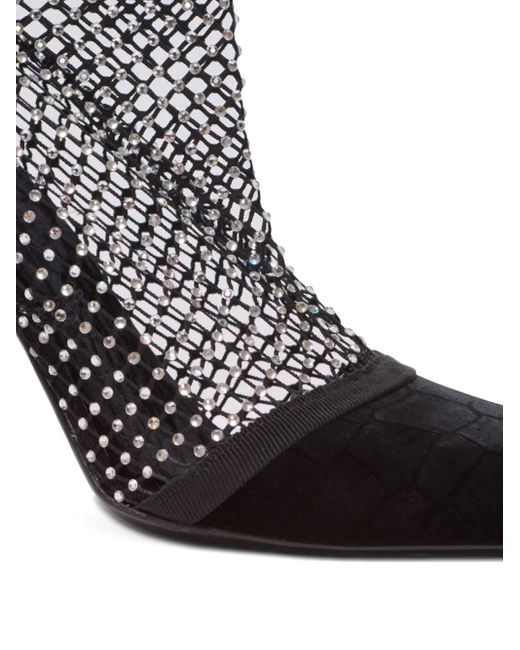 Balmain Black Rhinestone-Embellished Mesh Ankle Boots
