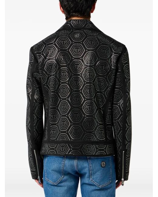 Philipp Plein Black Monogram Stone Biker Jacket for men
