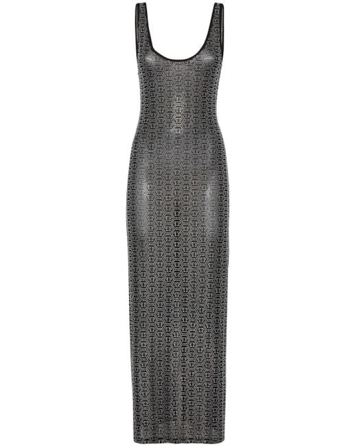 Philipp Plein Gray Crystal-Monogram Maxi Dress