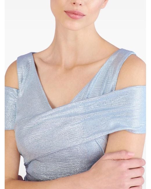 Talbot Runhof Blue Metallic-Effect Draped Gown