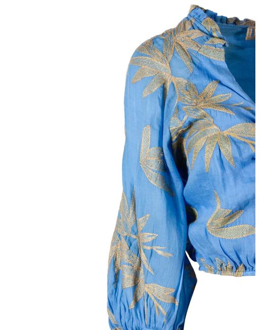 PHO® Firenze Blue Leaf-Pattern Cropped Blouse