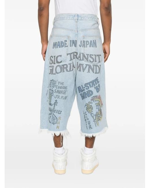 Secnd Slf Blue Graphic-Print Raw-Cut Shorts for men