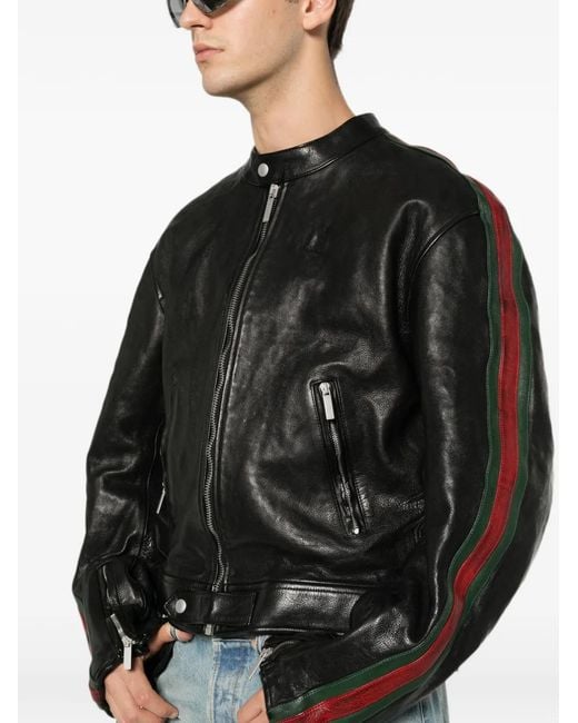 Gucci Buffalo Leren Bikerjack Met Web-Design in het Black voor heren