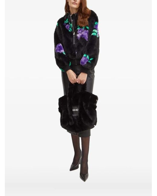 Silvian Heach Black Floral-Print Bomber Faux-Fur Jacket