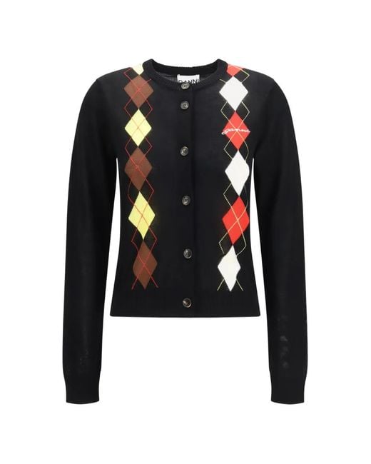 Ganni Black Cardigan À Motif De Losanges