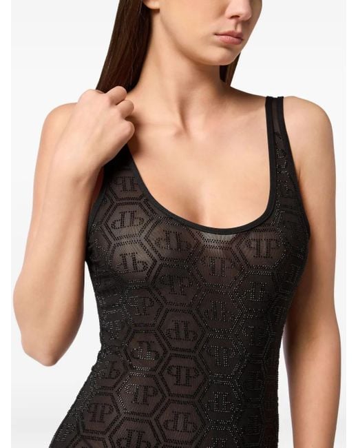 Philipp Plein Black Tulle Monogram Strass Midi Dress
