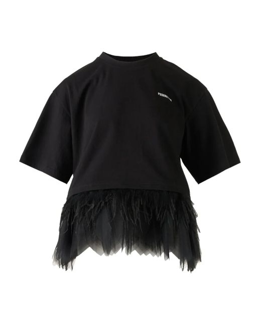 Pushbutton T-Shirt Met Veren Afwerking in het Black