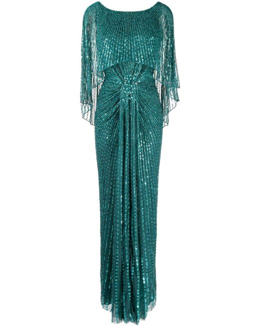 Jenny Packham Green Mae Cape-effect Sequin-embellished Tulle Gown