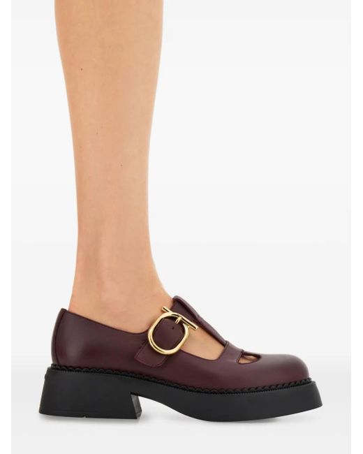 Ferragamo Brown T-Strap Buckle Loafers