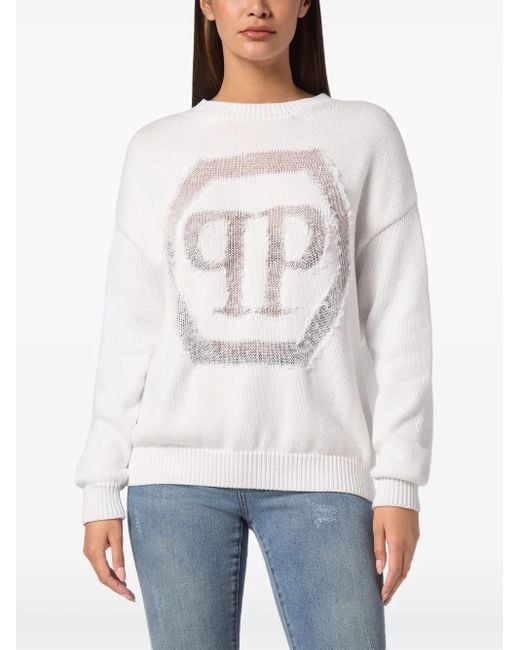 Philipp Plein White Devoré-Logo Crew-Neck Sweater