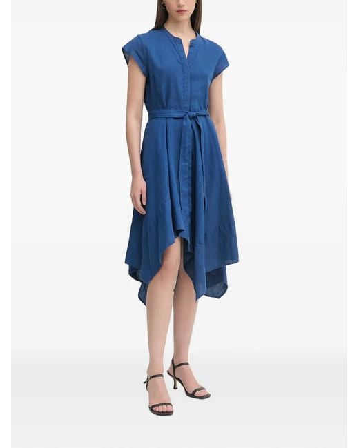 DKNY Blue Belted Handkerchief-Hem Midi Dress