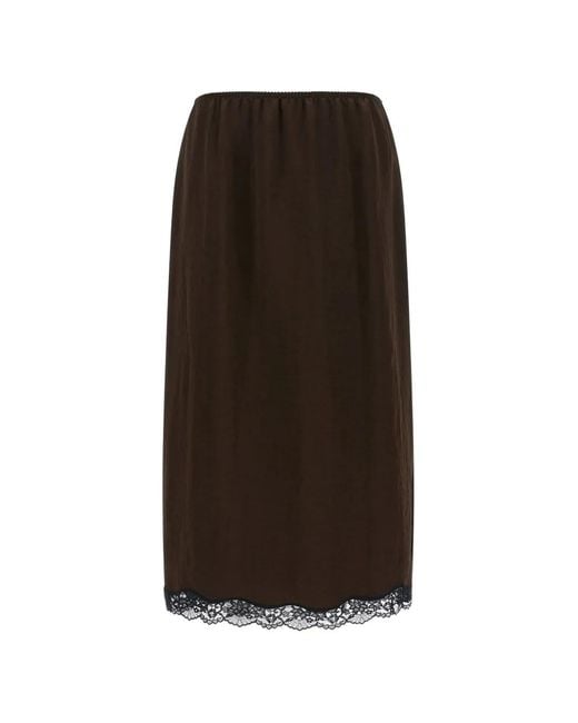 Twinset Brown Midi Froissé Satin And Lace Skirt