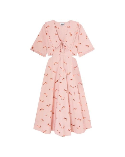 Ganni Pink Floral-Print Cut-Out Midi Dress
