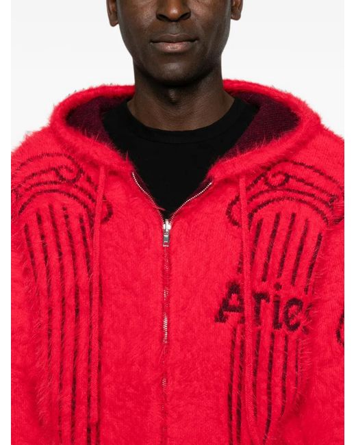 Aries Red Column-Print Zip-Fastening Hoodie for men
