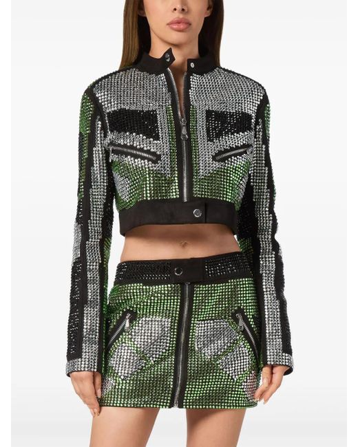 Philipp Plein Green Cropped Leather Biker Jacket Strass