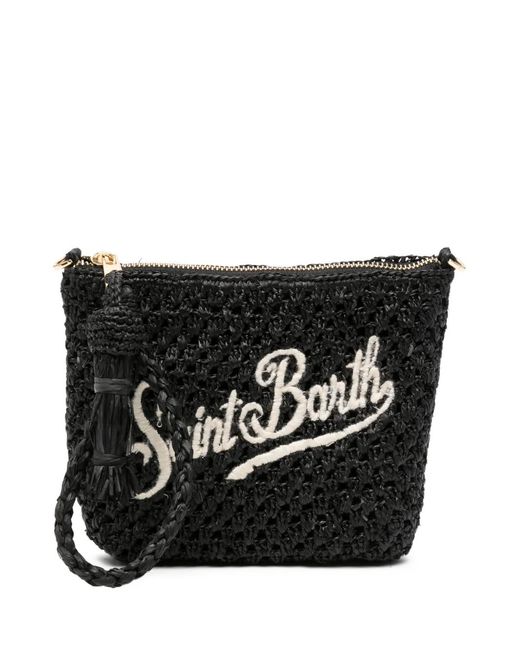 Mc2 Saint Barth Black Raffia Pouch Embroidered-Logo Clutch Bag