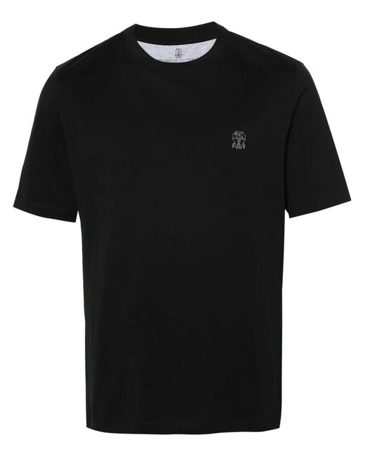 Brunello Cucinelli Black Cotton Jersey Crew Neck T-Shirt With Logo for men