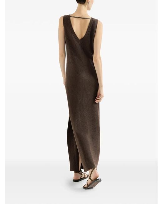 Brunello Cucinelli Brown Cotton Rib Knit Dress With Monili
