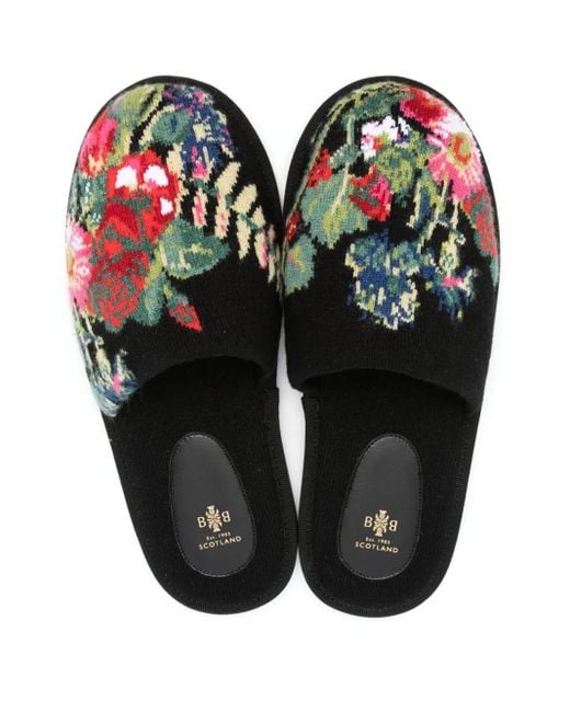Barrie Black Floral Intarsia-Knit Cashmere Slippers