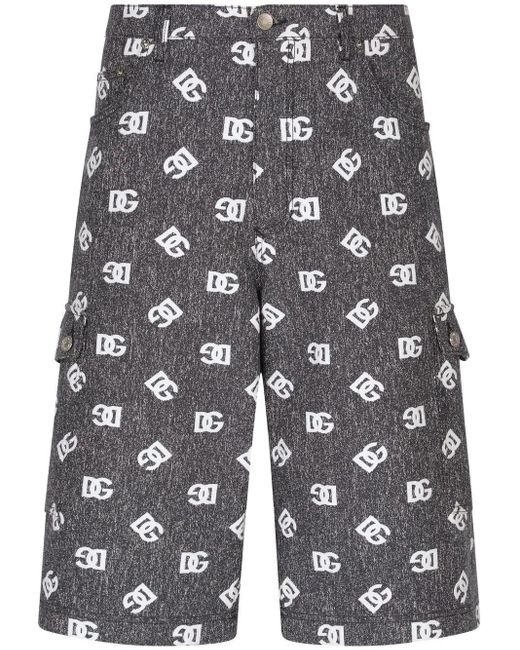Dolce & Gabbana Gray Logo-Print Denim Cargo Shorts for men