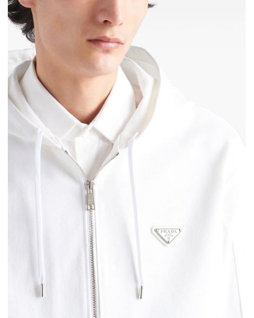 Prada White Triangle-logo Zip-up Hoodie for men
