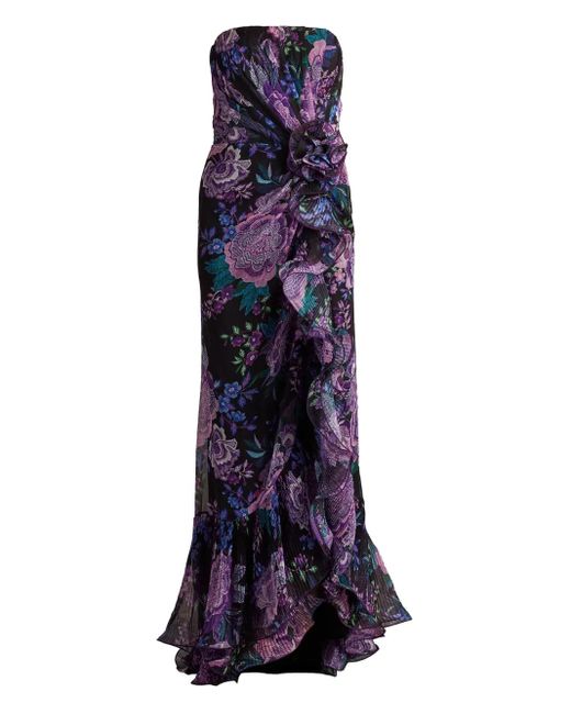 Tadashi Shoji Blue Morwenna Floral-Print Strapless Gown