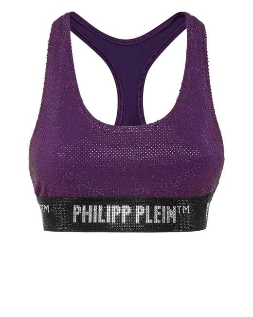 Philipp Plein Purple Rhinestone-Embellished Racerback Bra
