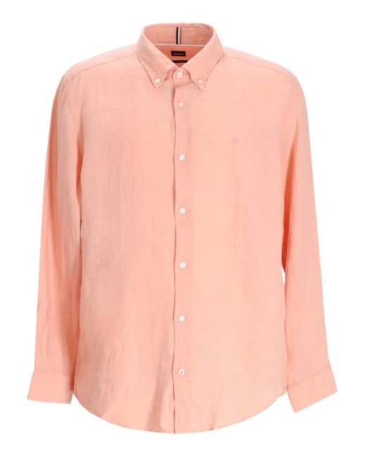 メンズ Boss ロングスリーブ リネンシャツ Pink