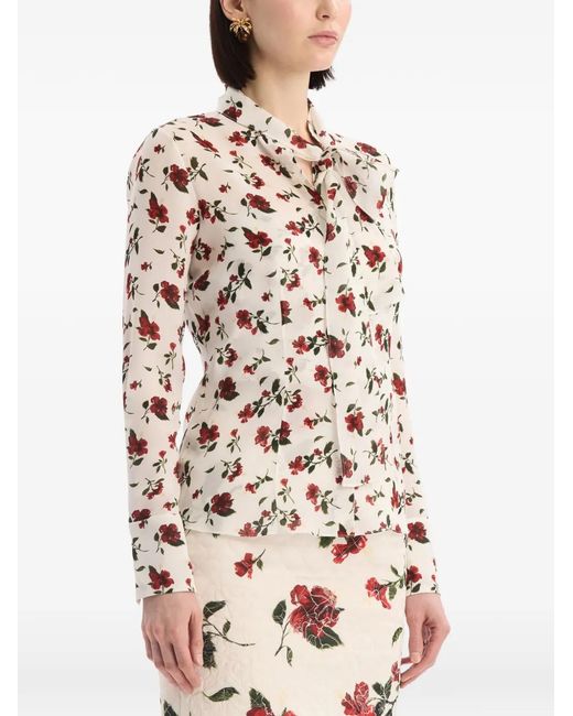 Oscar de la Renta White Hibiscus Silk Chiffon Blouse