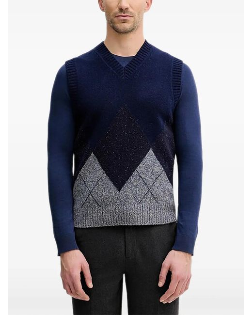 Benetton Blue Argyle V-Neck Knitwear for men