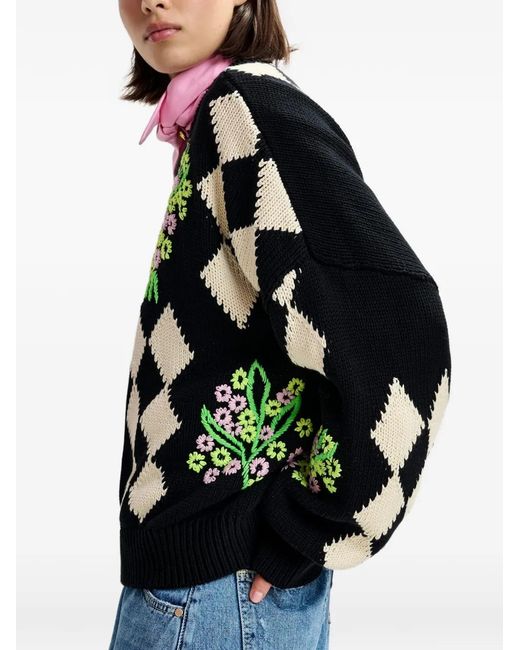 Essentiel Antwerp Black Floral-Embellished Check-Pattern Sweater