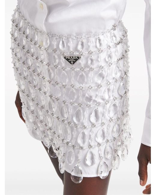 Prada White Crystal-embellished Fringed Miniskirt