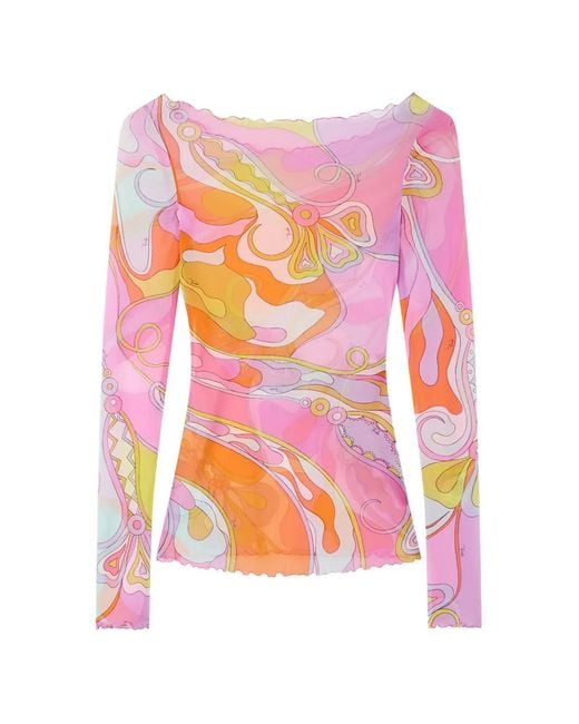 Emilio Pucci Pink Iride-Print Mesh Long-Sleeve Top