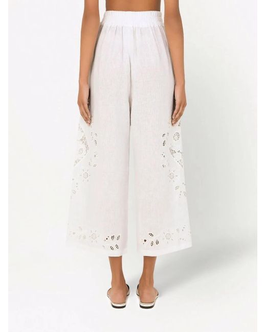 Dolce & Gabbana White Embroidered Cropped Linen Trousers