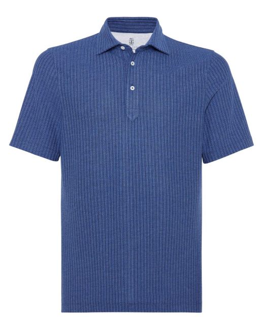 Brunello Cucinelli Blue Ribbed-knit Polo Shirt for men