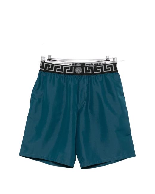 Versace Blue Swim Shorts With Greca Border for men
