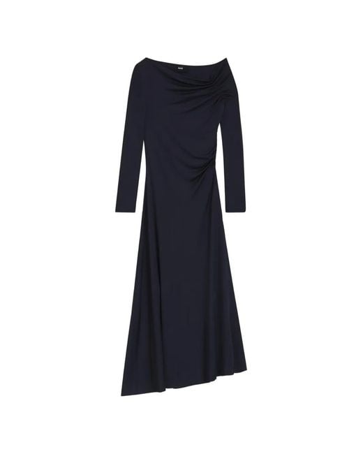 Boss Blue Asymmetric-Neck Ruched-Detailing Midi Dress