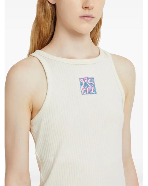 Marni Natural Logo Embroidered Ribbed Tank Top
