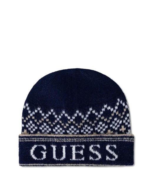 Guess Blue Patterned Scarf And Beanie Hat Set for men