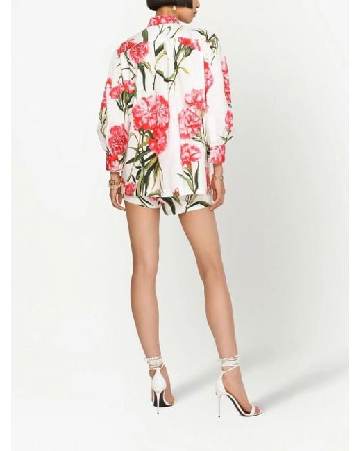 Dolce & Gabbana Red Carnation-Print Puff-Sleeve Blouse
