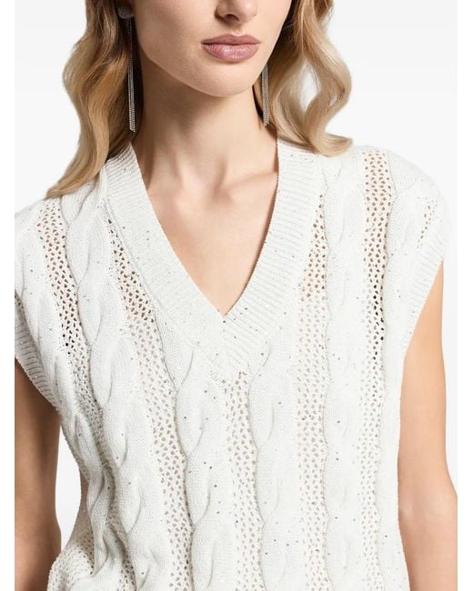 Peserico White Sequinned Cable-Knit V-Neck Top
