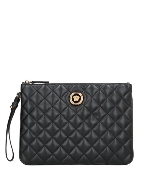 Versace Black Quilted Logo Leather Clutch Bag