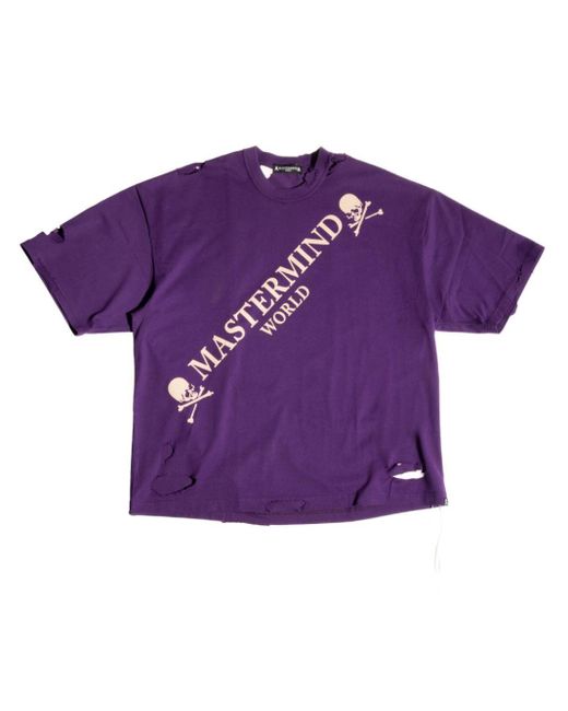 MASTERMIND WORLD Purple Logo-print Distressed-effect T-shirt for men