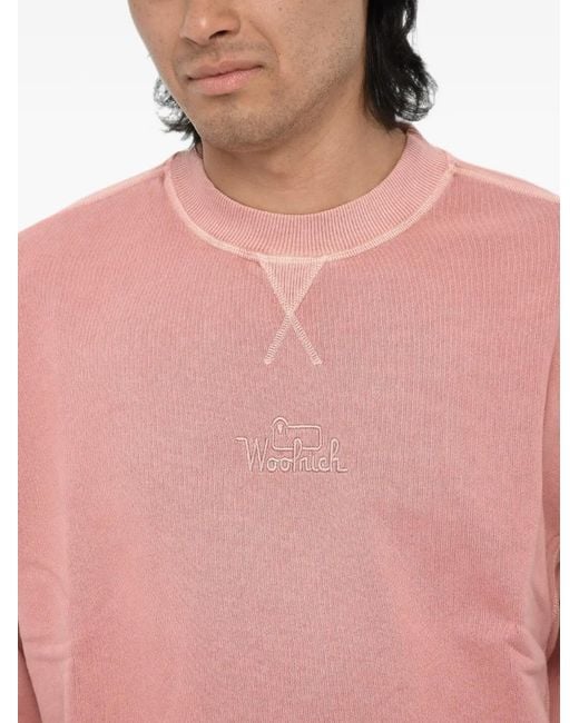 Woolrich Pink Logo-Embroidered Brushed-Cotton Sweater for men