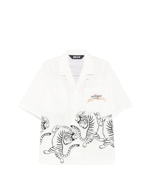 Just Cavalli White Tiger-Print Short-Sleeve Shirt for men