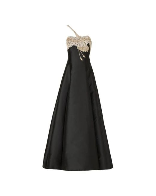 Costarellos Black Venezia Crystal-Appliqué Gown